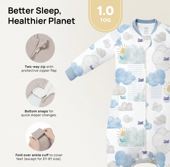 Fluffy Puffs Organic Cotton Long Sleeve Footed Sleep Bag 1.0 TOG