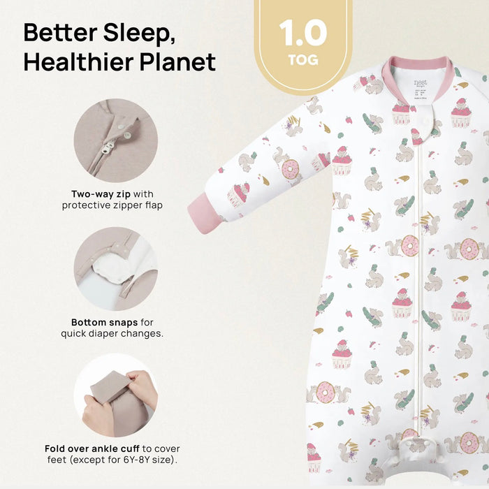 Very Squirrelly Organic Cotton Long Sleeve Footed Sleep Bag 1.0 TOG