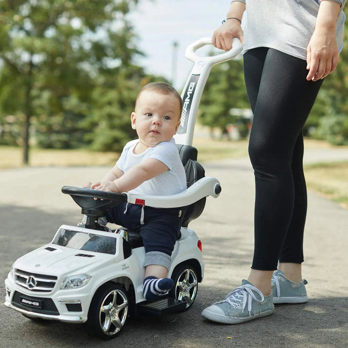White Mercedes-Benz AMG GL63 4-in-1 Kids Ride-On Car with Push Bar, LED Lights, and MP3 Player, Licensed