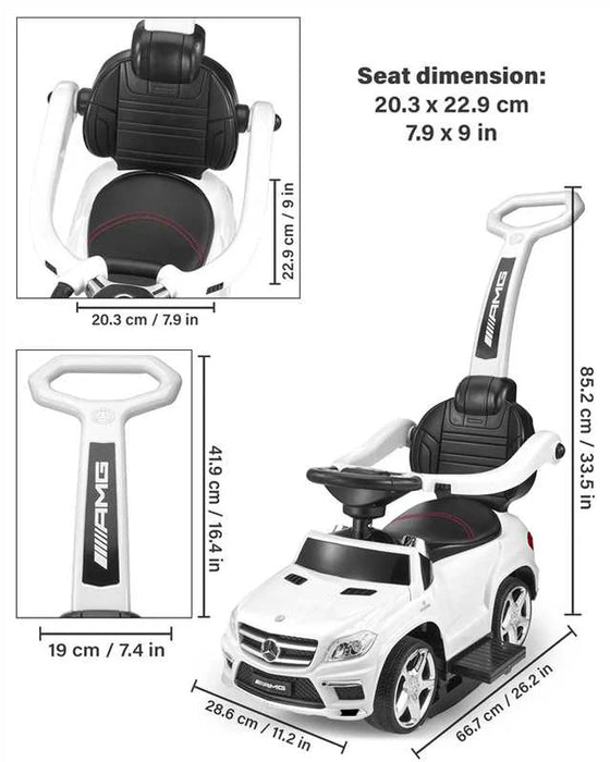 White Mercedes-Benz AMG GL63 4-in-1 Kids Ride-On Car with Push Bar, LED Lights, and MP3 Player, Licensed