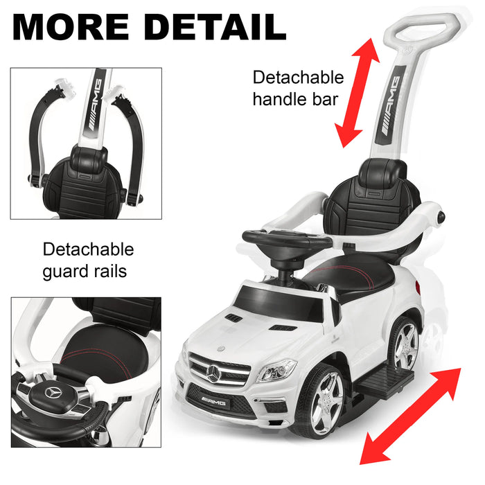 White Mercedes-Benz AMG GL63 4-in-1 Kids Ride-On Car with Push Bar, LED Lights, and MP3 Player, Licensed