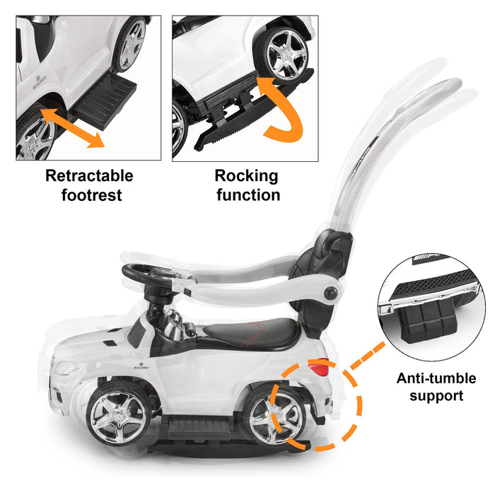 White Mercedes-Benz AMG GL63 4-in-1 Kids Ride-On Car with Push Bar, LED Lights, and MP3 Player, Licensed