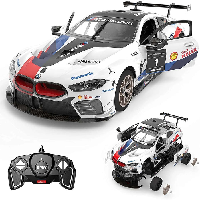 BMW M8 GTE 1/18 Scale DIY Building RC Car Kit Licensed with Remote Control and Customization Stickers by Rastar, 74pcs