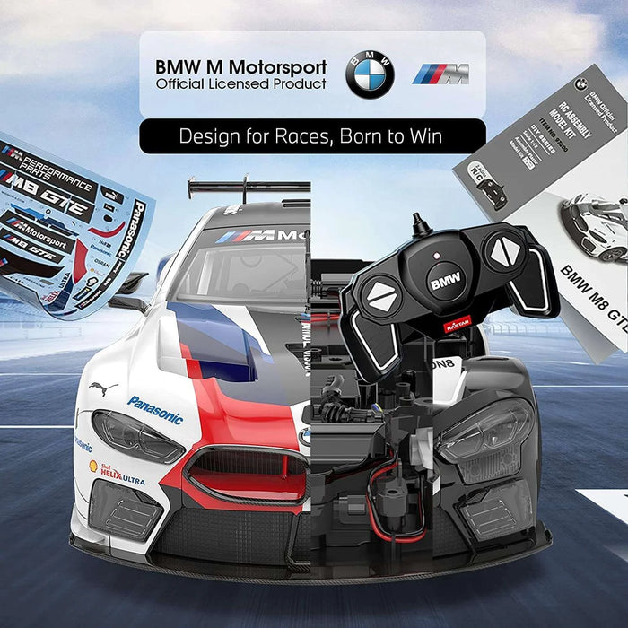 BMW M8 GTE 1/18 Scale DIY Building RC Car Kit Licensed with Remote Control and Customization Stickers by Rastar, 74pcs