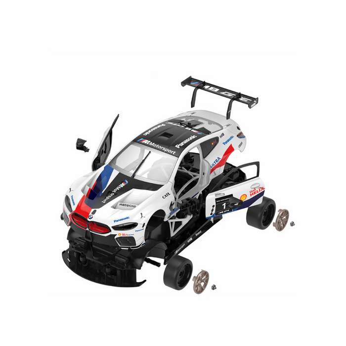 BMW M8 GTE 1/18 Scale DIY Building RC Car Kit Licensed with Remote Control and Customization Stickers by Rastar, 74pcs