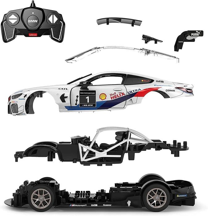 BMW M8 GTE 1/18 Scale DIY Building RC Car Kit Licensed with Remote Control and Customization Stickers by Rastar, 74pcs