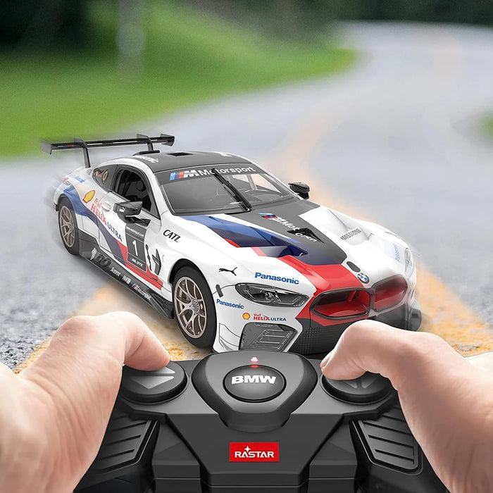 BMW M8 GTE 1/18 Scale DIY Building RC Car Kit Licensed with Remote Control and Customization Stickers by Rastar, 74pcs