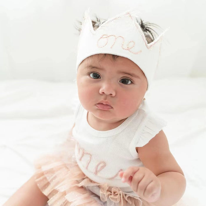 "One" Blush Linen Crown