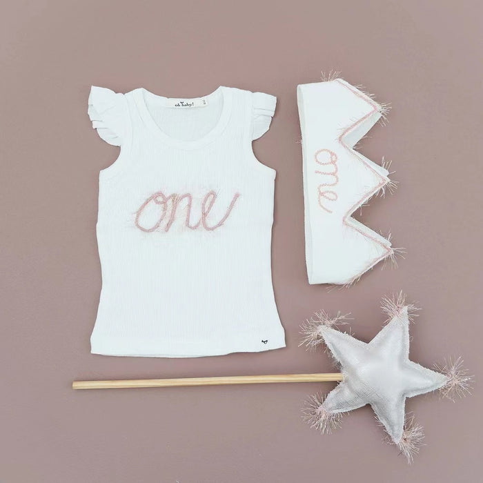 "One" Blush Linen Crown